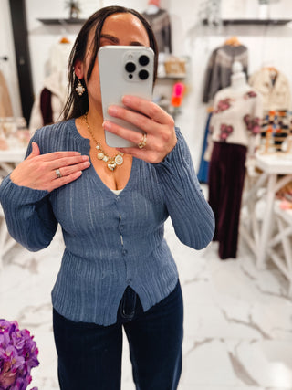 Love Language Ribbed Cardigan (Dusty Navy)