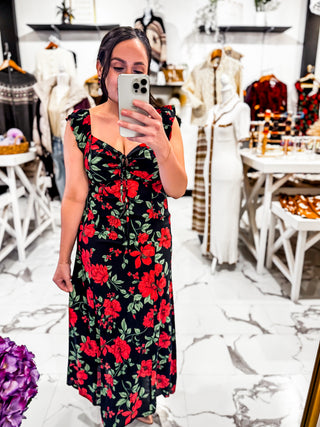 Love Me Back Floral Midi Dress (Black)