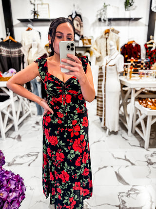 Love Me Back Floral Midi Dress (Black)