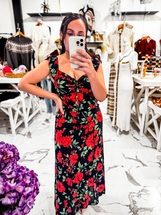 Love Me Back Floral Midi Dress (Black)