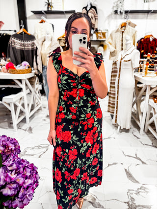 Love Me Back Floral Midi Dress (Black)