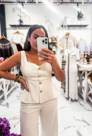 Pretty Little Button Flare Top (Cream)