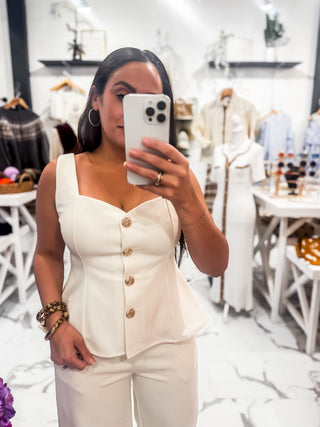 Pretty Little Button Flare Top (Cream)