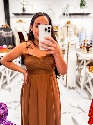 Tie It With Love Midi Dress (Brown)