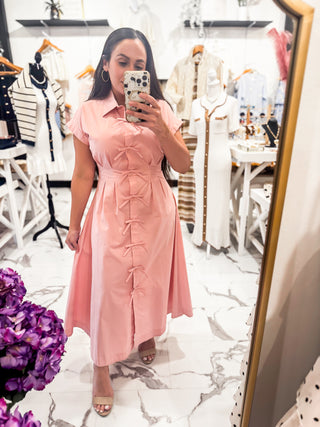 Take a Bow Midi Dress (Pink)