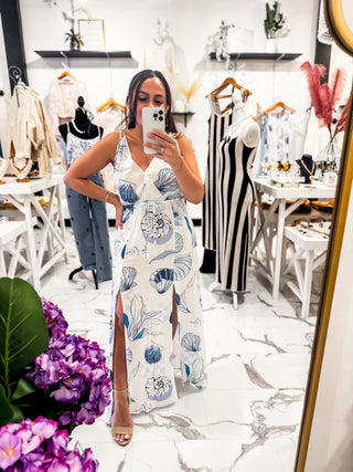 Salt In The Air Printed Dress (White/Blue)