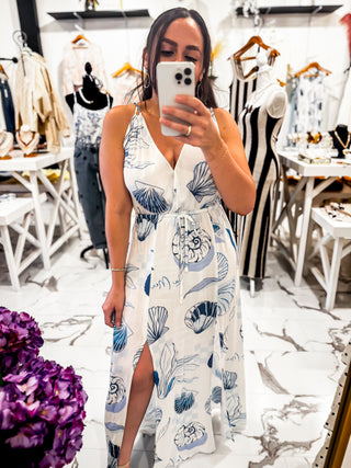 Salt In The Air Printed Dress (White/Blue)