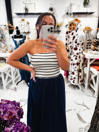 Stripe Drop Waist Cotton Midi Dress
