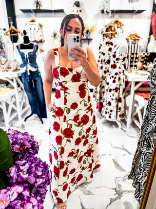 Red Affair Rose Print Dress (Ivory)
