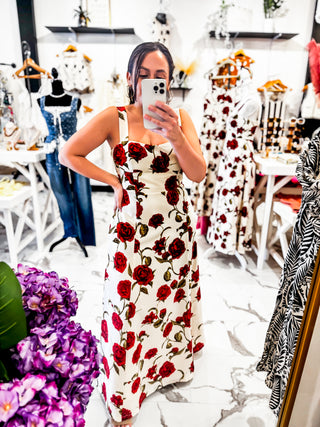 Red Affair Rose Print Dress (Ivory)