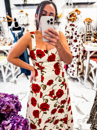 Red Affair Rose Print Dress (Ivory)