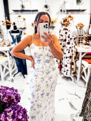 Castle Hill Floral Ankle Dress (White/Blue)