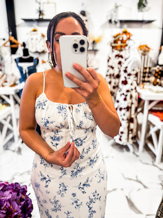 Castle Hill Floral Ankle Dress (White/Blue)