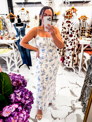 Castle Hill Floral Ankle Dress (White/Blue)