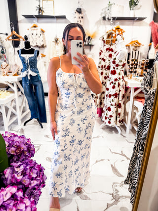 Castle Hill Floral Ankle Dress (White/Blue)