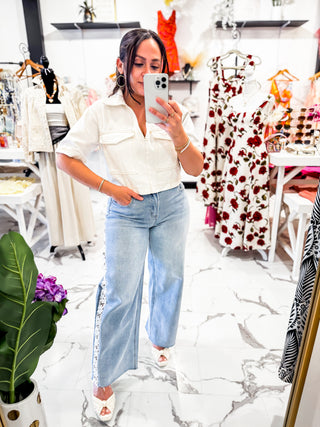 Soft Lace Crop Wide Leg Jeans (Light Wash)