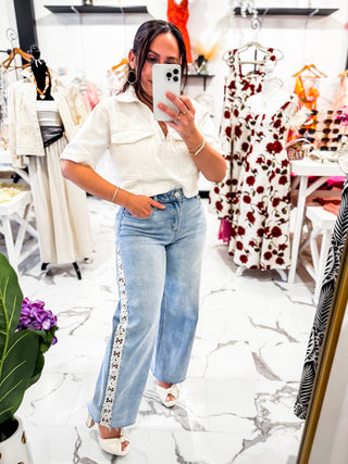 Soft Lace Crop Wide Leg Jeans (Light Wash)