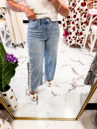 Soft Lace Crop Wide Leg Jeans (Light Wash)