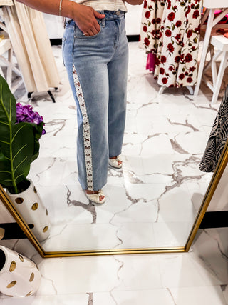 Soft Lace Crop Wide Leg Jeans (Light Wash)