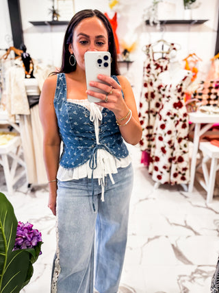 Denim Desire Bustier Embroidery Top (Medium Wash)