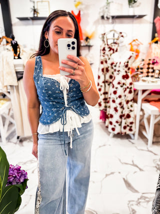 Denim Desire Bustier Embroidery Top (Medium Wash)