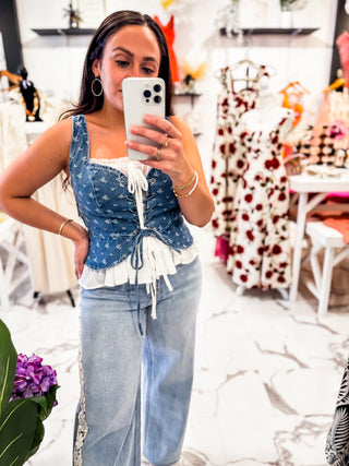 Denim Desire Bustier Embroidery Top (Medium Wash)