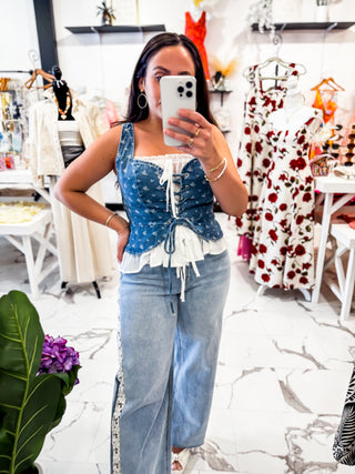 Denim Desire Bustier Embroidery Top (Medium Wash)