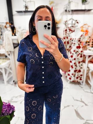 No Rush, No Rules Eyelet Top (Navy)