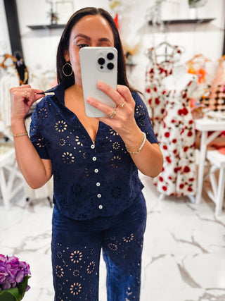 No Rush, No Rules Eyelet Top (Navy)