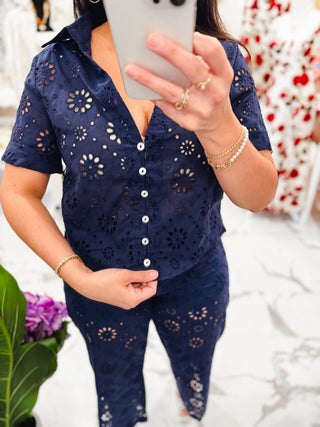 No Rush, No Rules Eyelet Top (Navy)