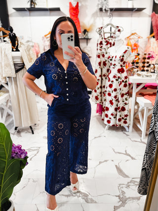 No Rush, No Rules Eyelet Cropped Pants (Navy)