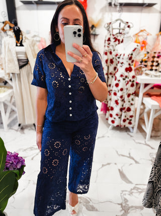 No Rush, No Rules Eyelet Top (Navy)