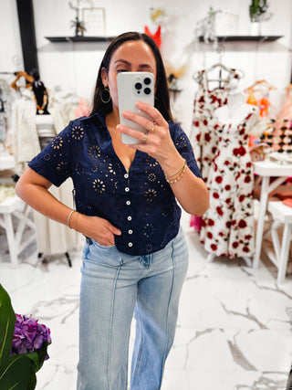 No Rush, No Rules Eyelet Top (Navy)