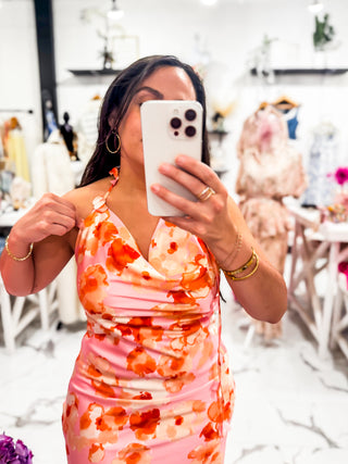 Pretty in Petals Embroidery Halter Dress (Pink)
