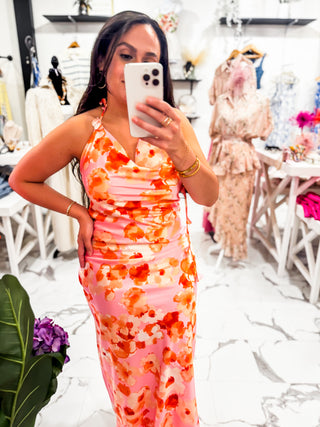 Pretty in Petals Embroidery Halter Dress (Pink)