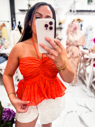 Hotter Than Sunset Eyelet Top (Orange Red)