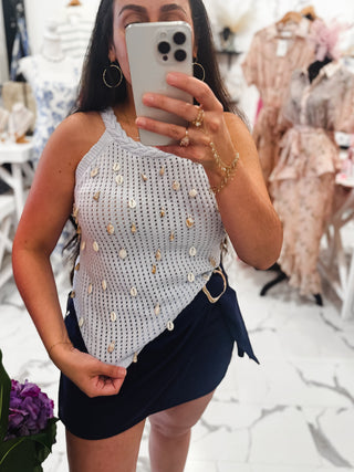 Mermaid Off Duty Embellished Knit Top (Sky)