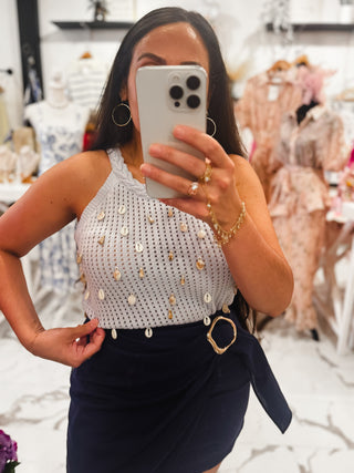Mermaid Off Duty Embellished Knit Top (Sky)