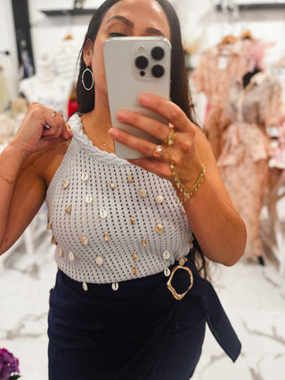 Mermaid Off Duty Embellished Knit Top (Sky)