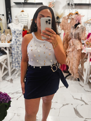 Buckle Up, Babe Cotton Mini Skirt (Navy)