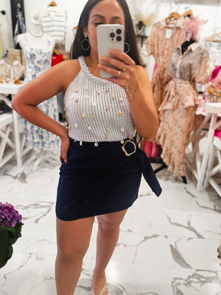 Buckle Up, Babe Cotton Mini Skirt (Navy)