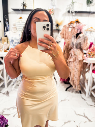 Butter Me Up Satin Mini Dress (Light Yellow)