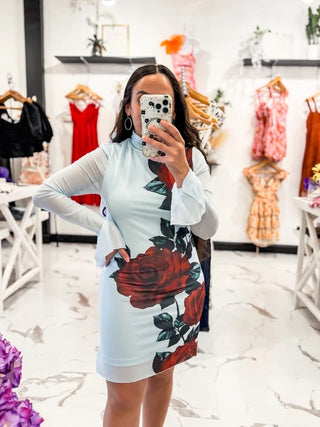 Savior Mesh Rose Print Dress (Blue)