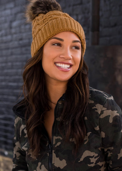 Gia Cable Knit Pom Pom Beanie (Camel)